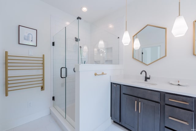 1846 E Cumberland Ter, Martinsville, IN 46151 - full bathroom with radiator, a stall shower, vanity, tile patterned floors, and baseboards