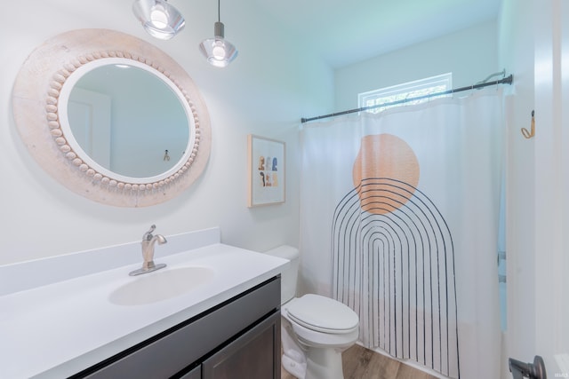 1846 E Cumberland Ter, Martinsville, IN 46151 - bathroom featuring toilet, vanity, wood finished floors, and curtained shower