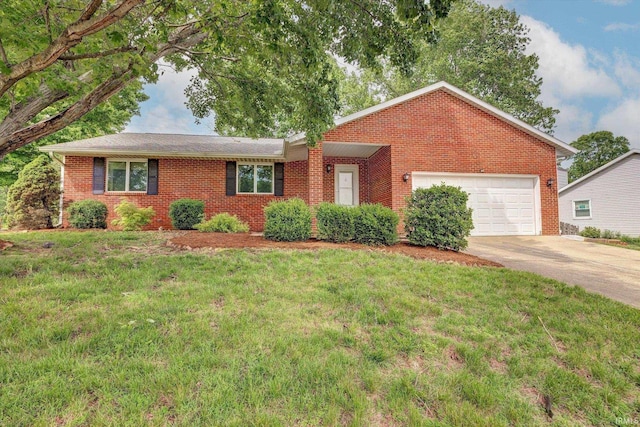 ranch-style house featuring a garage, brick siding, driveway, and a front lawn