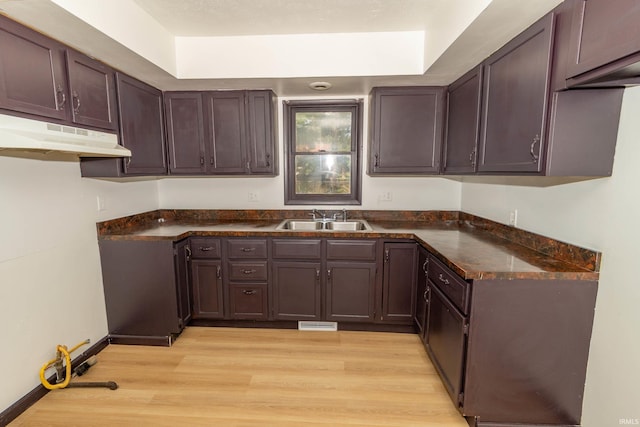 kitchen with a sink, dark countertops, under cabinet range hood, light wood finished floors, and dark brown cabinets