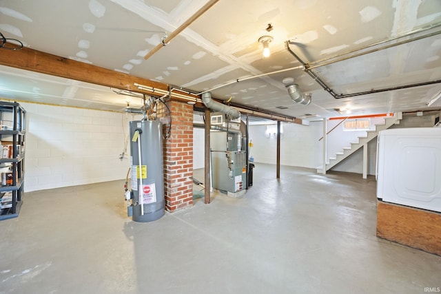 1425 Adams St, Lafayette, IN 47905 - unfinished basement featuring gas water heater, washer / dryer, stairs, and concrete block wall
