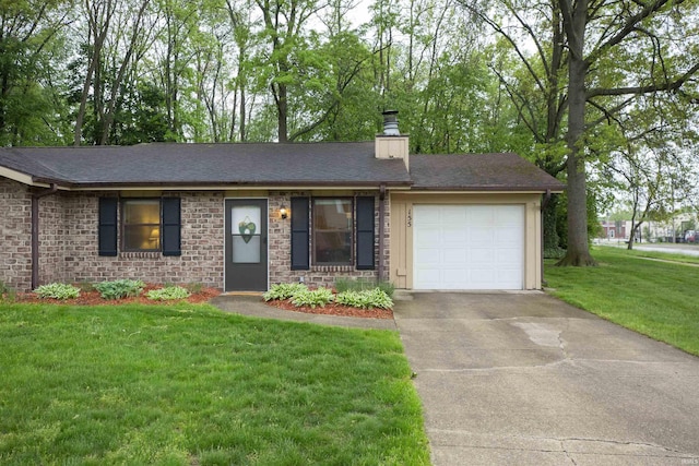 single story home featuring a chimney, concrete driveway, an attached garage, a front lawn, and a shingled roof