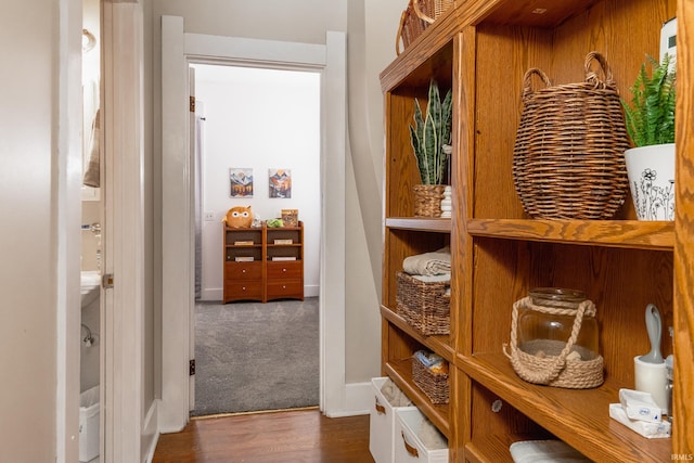 hallway featuring wood finished floors, baseboards, and carpet