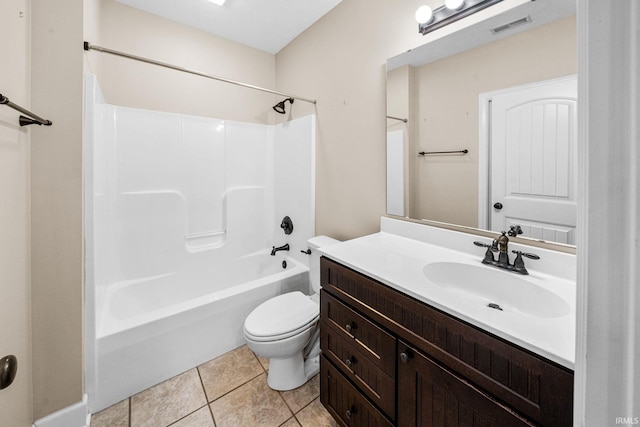 full bath with toilet, tile patterned flooring, vanity, and shower / bathtub combination