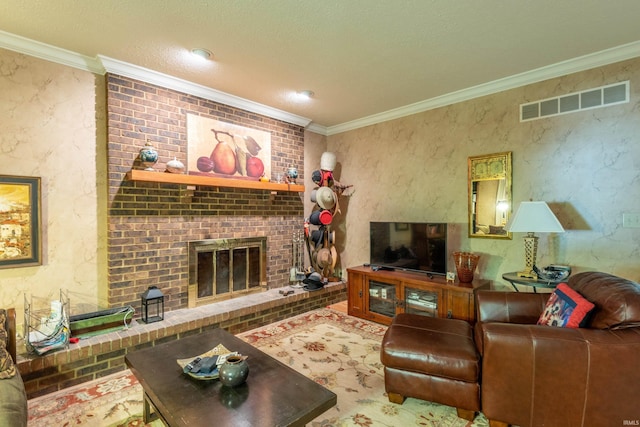 living area featuring crown molding, a brick fireplace, a textured ceiling, and a textured wall