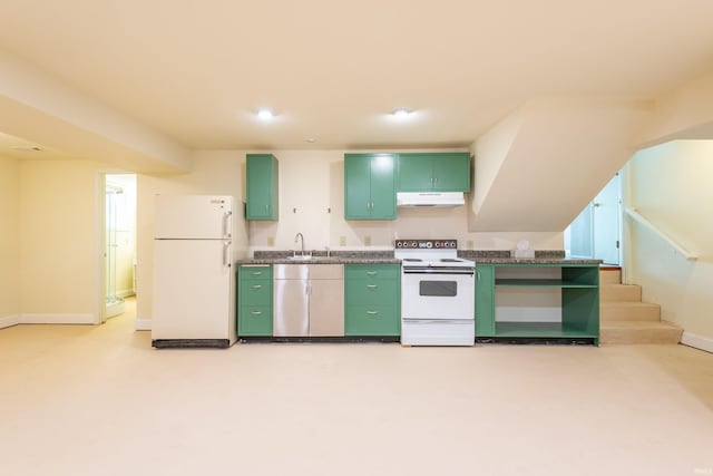 kitchen featuring white appliances, green cabinetry, a sink, under cabinet range hood, and recessed lighting