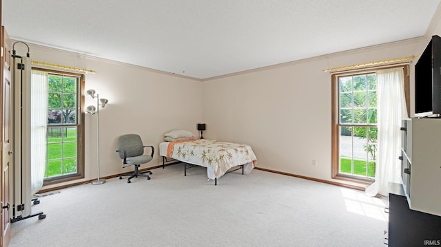 bedroom with carpet floors, multiple windows, baseboards, and crown molding