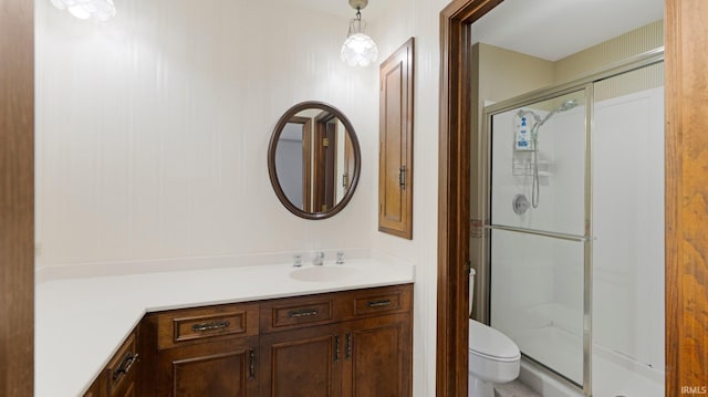 full bathroom with a shower stall, toilet, and vanity