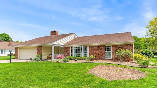 ranch-style home with brick siding, an attached garage, concrete driveway, a front yard, and a chimney