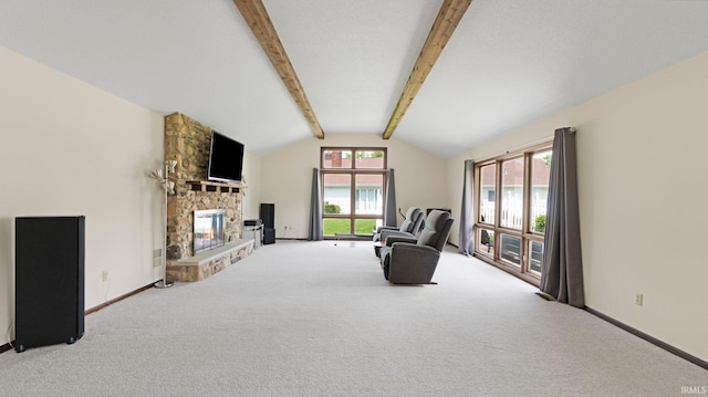 living area featuring a stone fireplace, carpet flooring, and baseboards