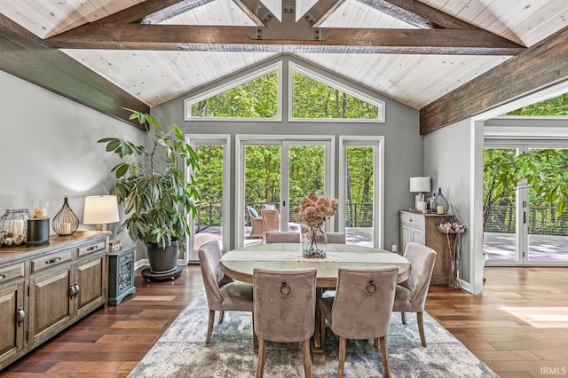dining space with wooden ceiling, dark wood-style floors, and french doors