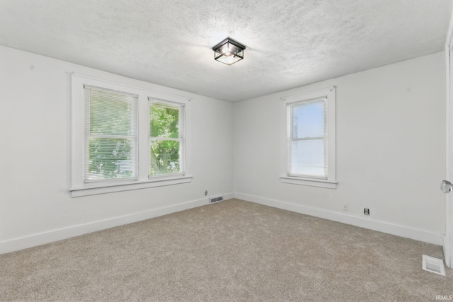 carpeted spare room featuring healthy amount of natural light, a textured ceiling, and baseboards