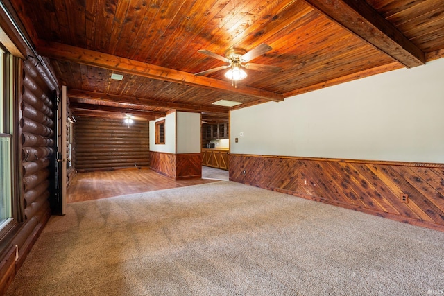 empty room featuring wood ceiling, carpet floors, beamed ceiling, a ceiling fan, and wainscoting