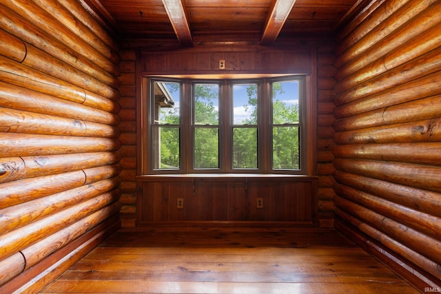 unfurnished room featuring wood ceiling, beamed ceiling, wood-type flooring, and wooden walls