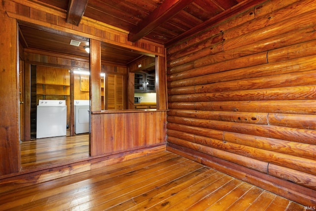 spare room featuring wood ceiling, washer and clothes dryer, dark wood finished floors, and beam ceiling