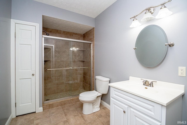 3905 Rushgrove Dr, Lafayette, IN 47909 - bathroom with a stall shower, toilet, baseboards, vanity, and a textured ceiling