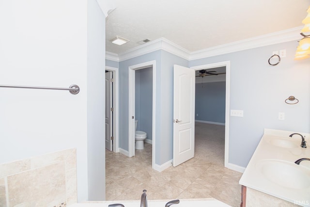 3905 Rushgrove Dr, Lafayette, IN 47909 - full bath featuring toilet, ornamental molding, ceiling fan, double vanity, and baseboards