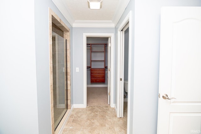 3905 Rushgrove Dr, Lafayette, IN 47909 - hall featuring ornamental molding, light tile patterned floors, baseboards, and a textured ceiling