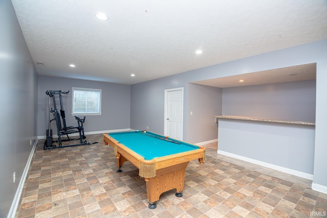 3905 Rushgrove Dr, Lafayette, IN 47909 - recreation room featuring billiards table, baseboards, recessed lighting, a bar, and a textured ceiling