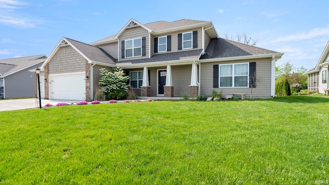 5937 Liam Ln, Fort Wayne, IN 46818 - craftsman-style home with a porch, a garage, a front yard, concrete driveway, and a shingled roof