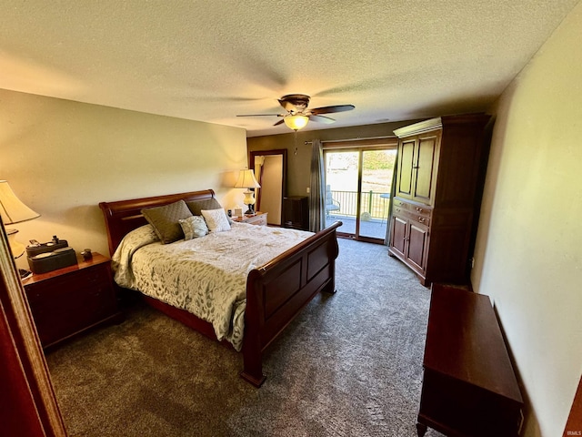 16529 State Road 1st Rd, Spencerville, IN 46788 - bedroom with access to exterior, dark colored carpet, a textured ceiling, and a ceiling fan