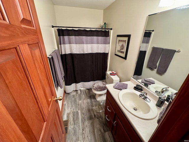 16529 State Road 1st Rd, Spencerville, IN 46788 - full bath featuring wood finished floors, vanity, a shower with curtain, and toilet