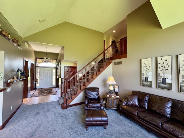 16529 State Road 1st Rd, Spencerville, IN 46788 - carpeted living area with baseboards, high vaulted ceiling, and stairway