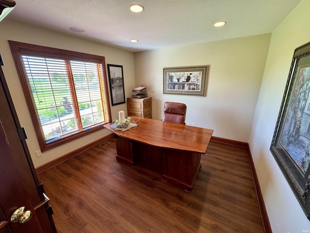 16529 State Road 1st Rd, Spencerville, IN 46788 - office area featuring dark wood-type flooring, baseboards, a textured ceiling, and recessed lighting