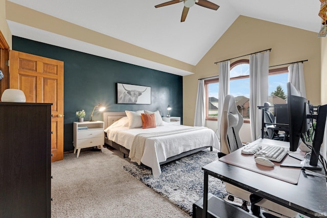 10731 Willow Creek Dr, Fort Wayne, IN 46845 - carpeted bedroom with high vaulted ceiling, a ceiling fan, and a desk