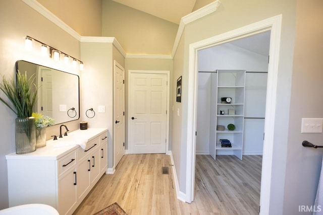 103 Bluebird Ln, Sulphur Springs, IN 47388 - bathroom featuring vaulted ceiling, wood finished floors, vanity, crown molding, and a closet