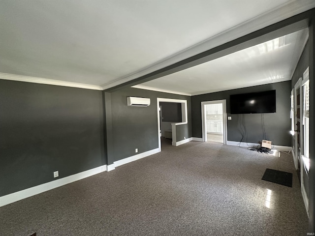 134 E 3rd St, Peru, IN 46970 - unfurnished living room with a wall unit AC, baseboards, ornamental molding, and carpet