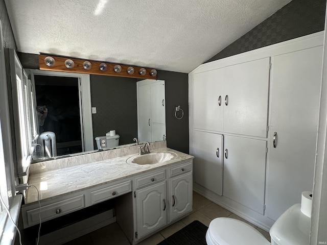 134 E 3rd St, Peru, IN 46970 - bathroom with toilet, vaulted ceiling, tile patterned flooring, a textured ceiling, and vanity