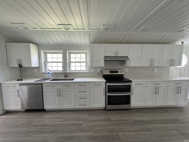 134 E 3rd St, Peru, IN 46970 - kitchen with stainless steel appliances, a sink, under cabinet range hood, white cabinetry, and wooden ceiling