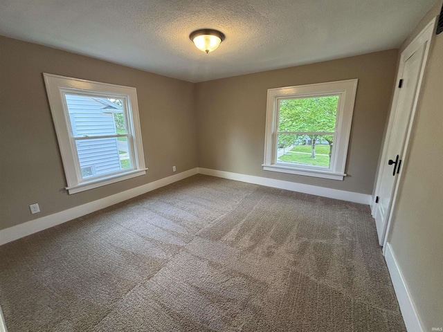 carpeted empty room featuring healthy amount of natural light, baseboards, and a textured ceiling
