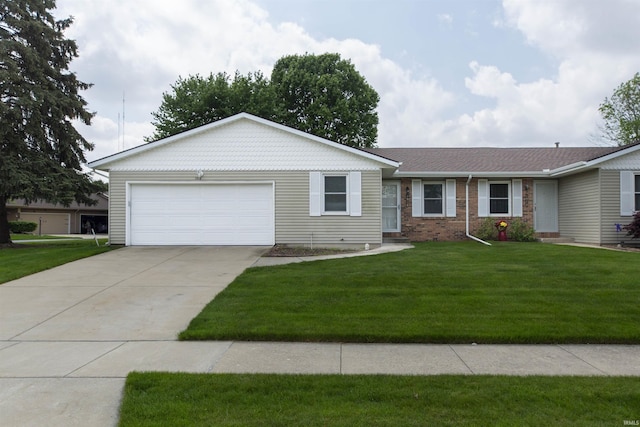 single story home featuring an attached garage, concrete driveway, a front lawn, and brick siding