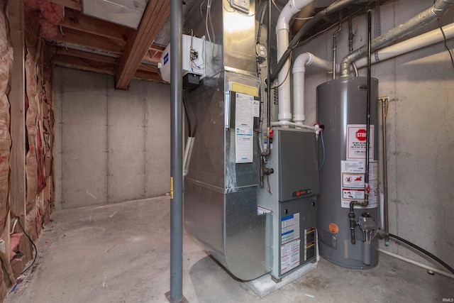 utility room with gas water heater and heating unit