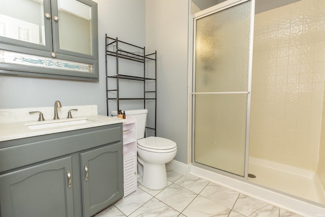 full bath featuring marble finish flooring, a stall shower, toilet, and vanity