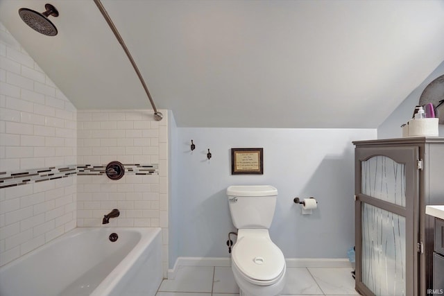 full bath with lofted ceiling, baseboards, toilet, vanity, and bathing tub / shower combination