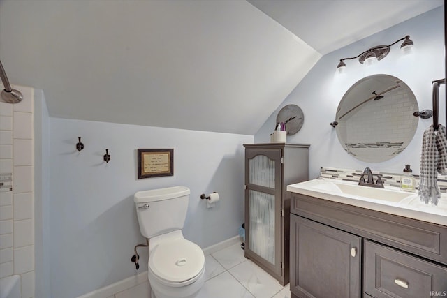 full bathroom with lofted ceiling, toilet, baseboards, and vanity