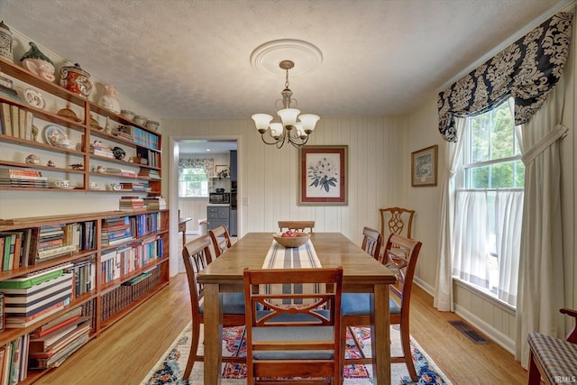 dining area with a chandelier, healthy amount of natural light, light wood finished floors, and a textured ceiling