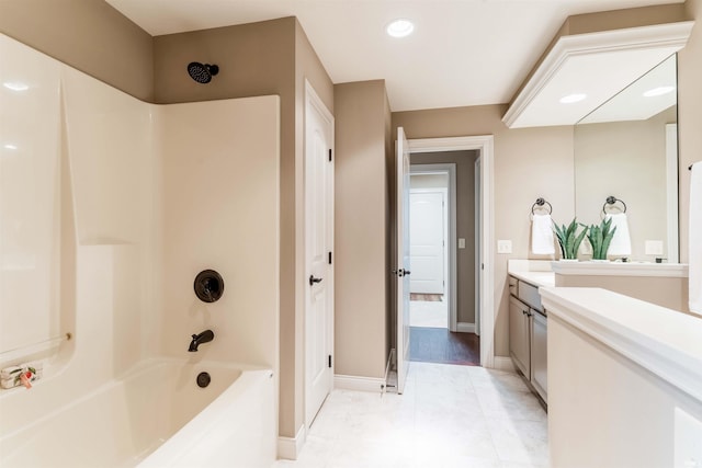 3121 Ralston Dr, Evansville, IN 47715 - bathroom featuring shower / bath combination, vanity, baseboards, tile patterned floors, and recessed lighting