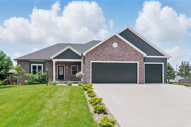 1263 E Legacy Ln, Winona Lake, IN 46590 - craftsman-style house featuring an attached garage, driveway, brick siding, and a front lawn