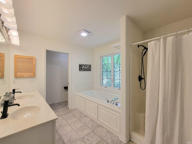 full bath with a bath, a shower with shower curtain, baseboards, and double vanity