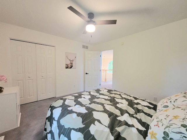 bedroom featuring carpet flooring, a closet, and a ceiling fan