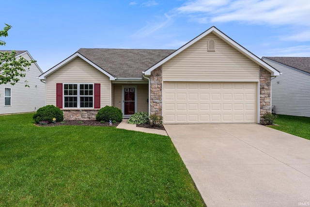 7516 Haida Way, Fort Wayne, IN 46818 - ranch-style home with stone siding, driveway, a garage, and a front lawn