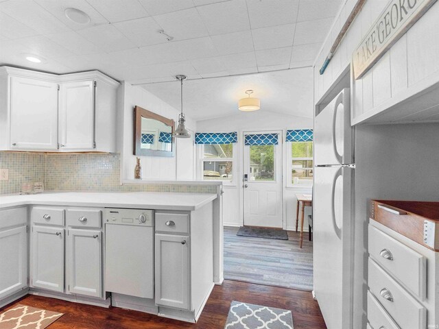 315 Lane 201bb Lake George Ln, Fremont, IN 46737 - kitchen with white dishwasher, dark wood-type flooring, light countertops, tasteful backsplash, and decorative light fixtures