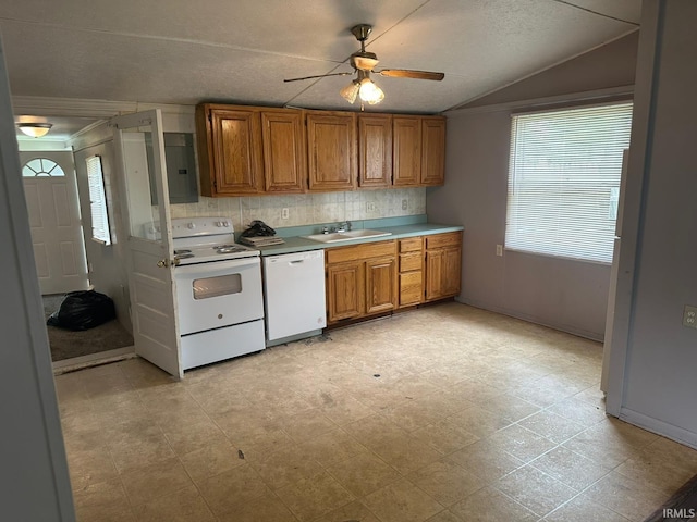 2711 S Villa Dr, Evansville, IN 47714 - kitchen with white appliances, lofted ceiling, ceiling fan, brown cabinets, and electric panel