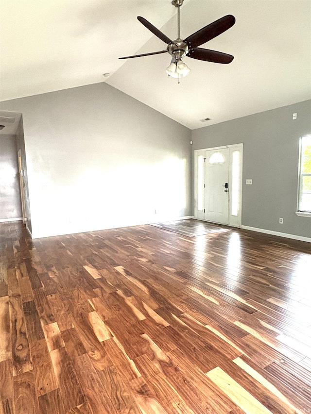 3051 Bluster Ct, West Lafayette, IN 47906 - unfurnished living room featuring wood finished floors, vaulted ceiling, ceiling fan, and baseboards
