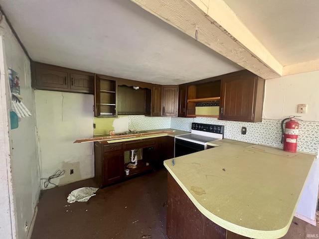 kitchen with open shelves, electric range oven, a peninsula, backsplash, and light countertops