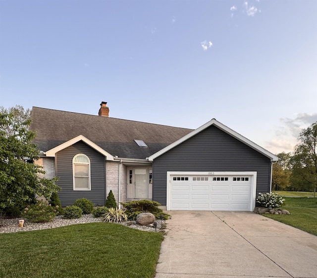 1953 S Troon Rd, Winona Lake, IN 46590 - single story home featuring a chimney, driveway, a front lawn, an attached garage, and a shingled roof